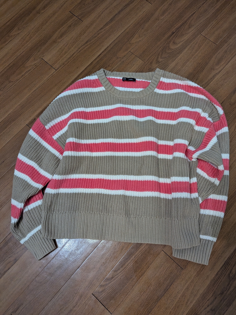 GAP Striped Crewneck Sweater in Tan, Coral & White